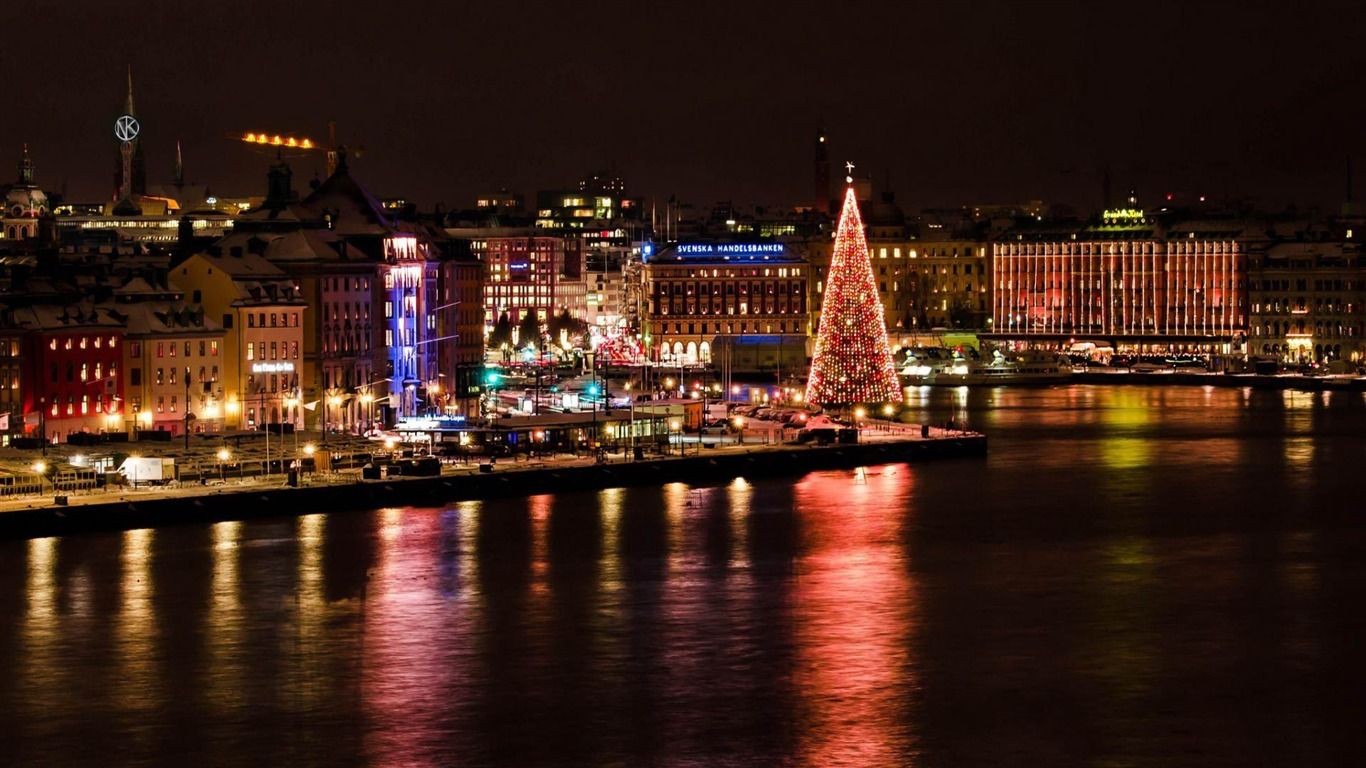 1366x768 Night View Of The City Stockholm Sweden Landscape Photography HD Wallpaper