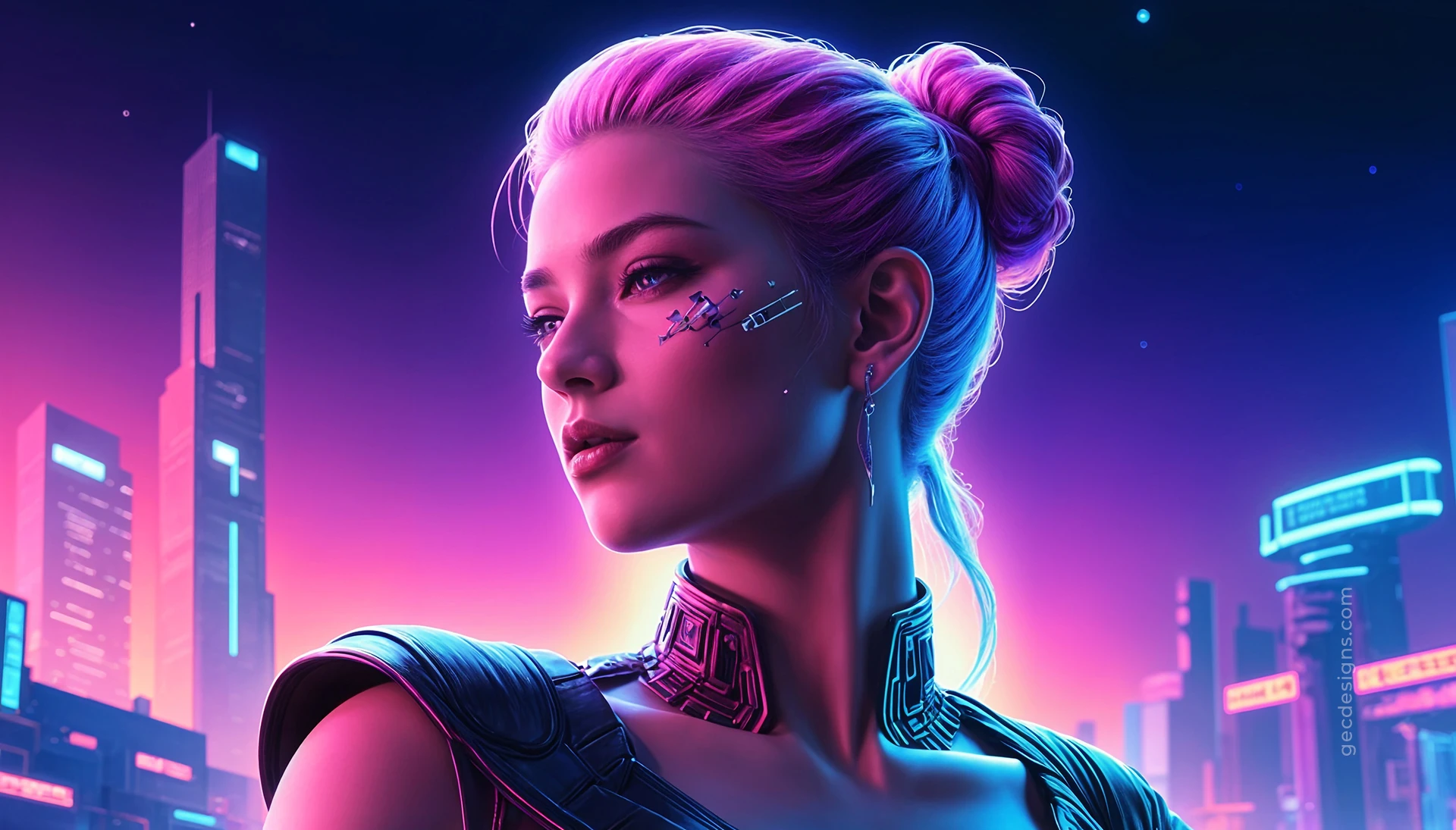1920x1095 Neon cyberpunk girl in a city, warrior vibe, game concept wallpaper image: Free & Premium Creative Assets