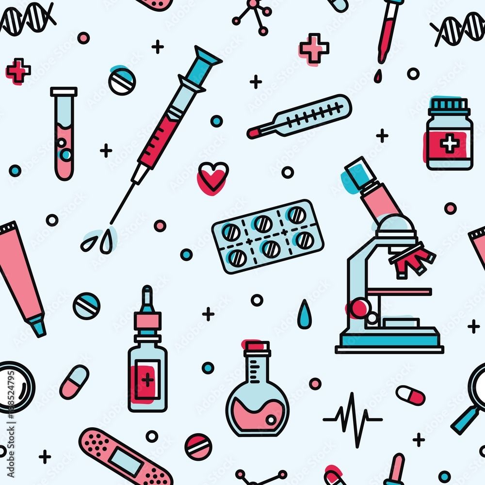 1000x1000 Seamless Pattern With Medical Laboratory Equipment. Backdrop With Attributes Of Medicine, Biomedicine, Clinical Trial, Research And Experiment. Vector Illustration In Line Art Style For Wallpaper. Stock Vektor