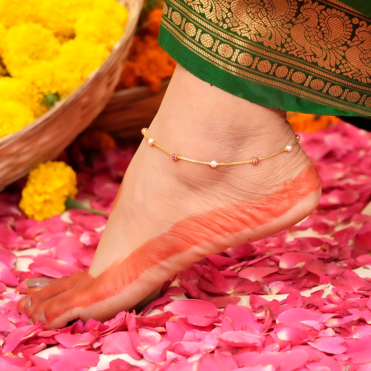 1200x1200 Ruby Ball and White Pearl Gold Anklet. Sri Anu Jewellers