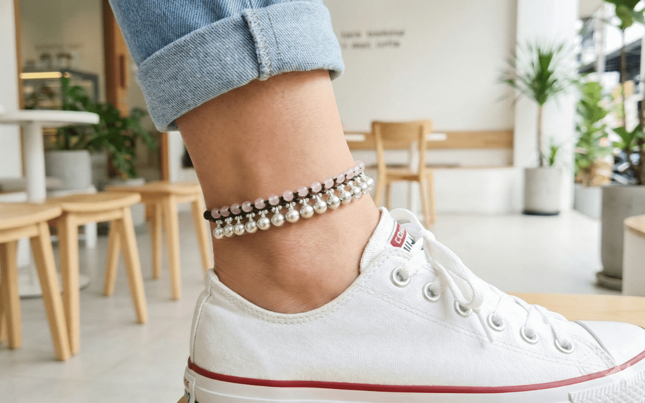 1280x800 Jingling Rose Quartz Silver Stone Anklet Bracelet, Stone Bracelet, Bel
