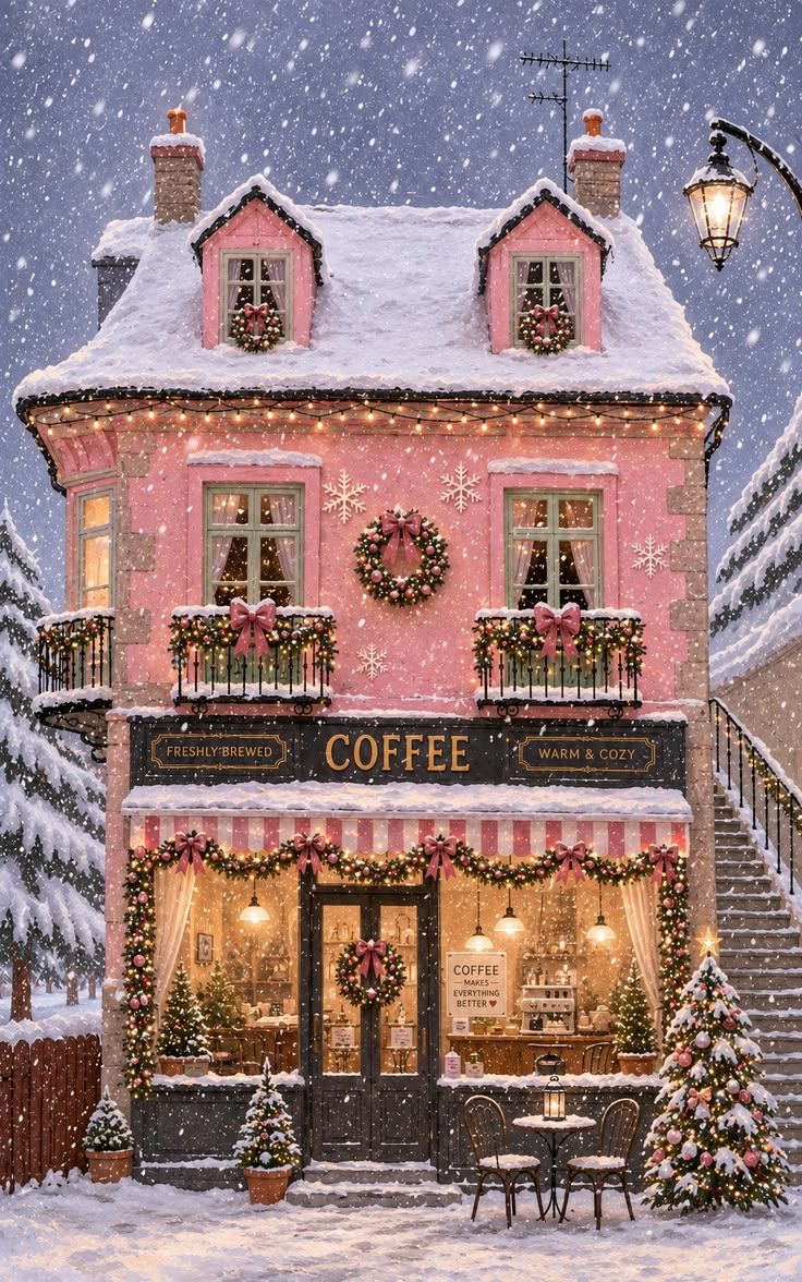 736x1176 Cute winter town pink. Cozy winter cafe painting, Christmas aesthetic wallpaper, Xmas wallpaper