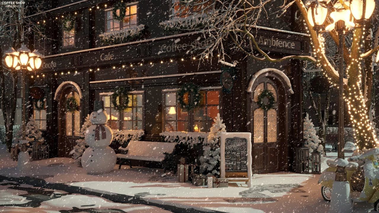 1280x720 White Snow at Coffee Shop Ambience with Relaxing Smooth Jazz Music and Snow Falling