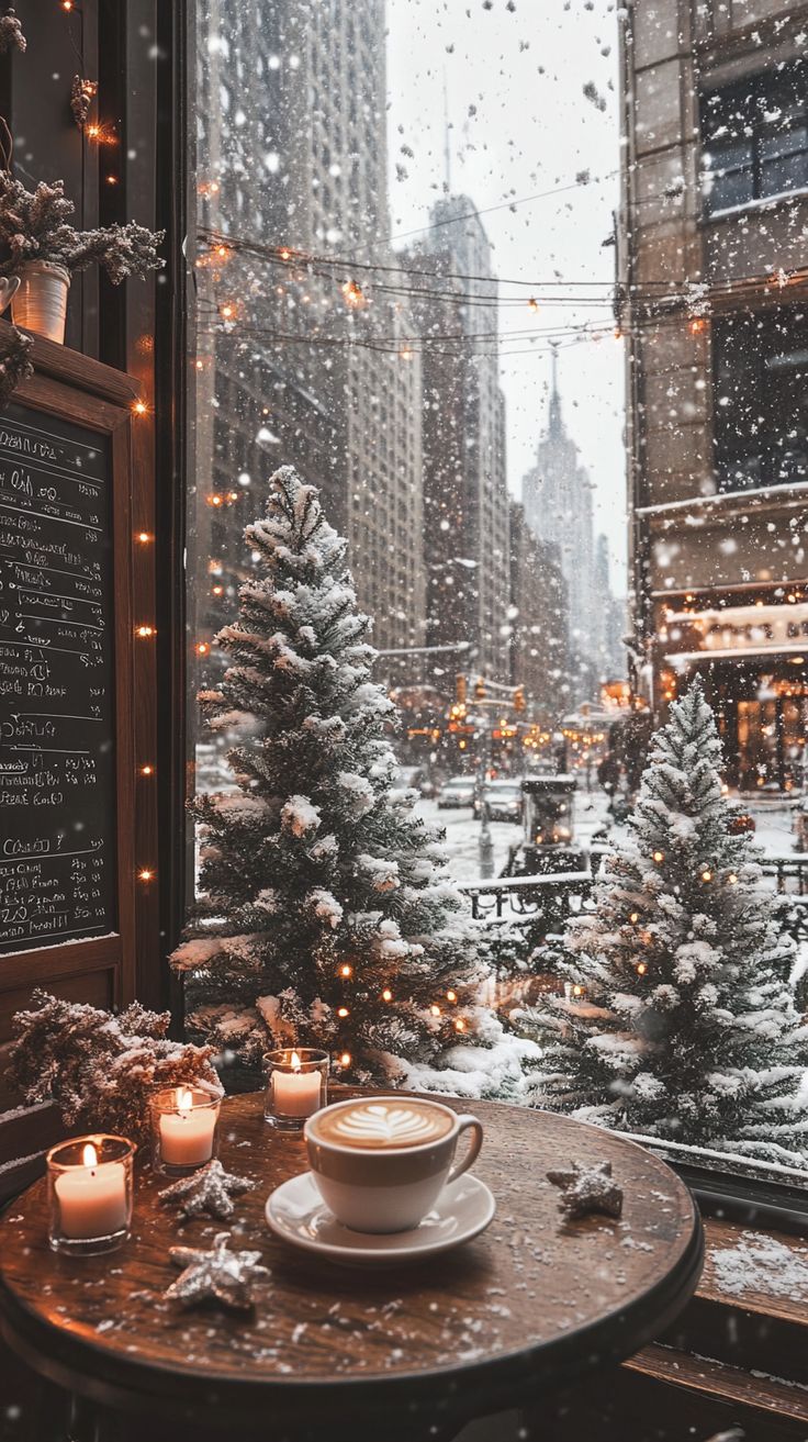 736x1313 Cozy Coffee Shop: Winter Snow and Christmas Vibes