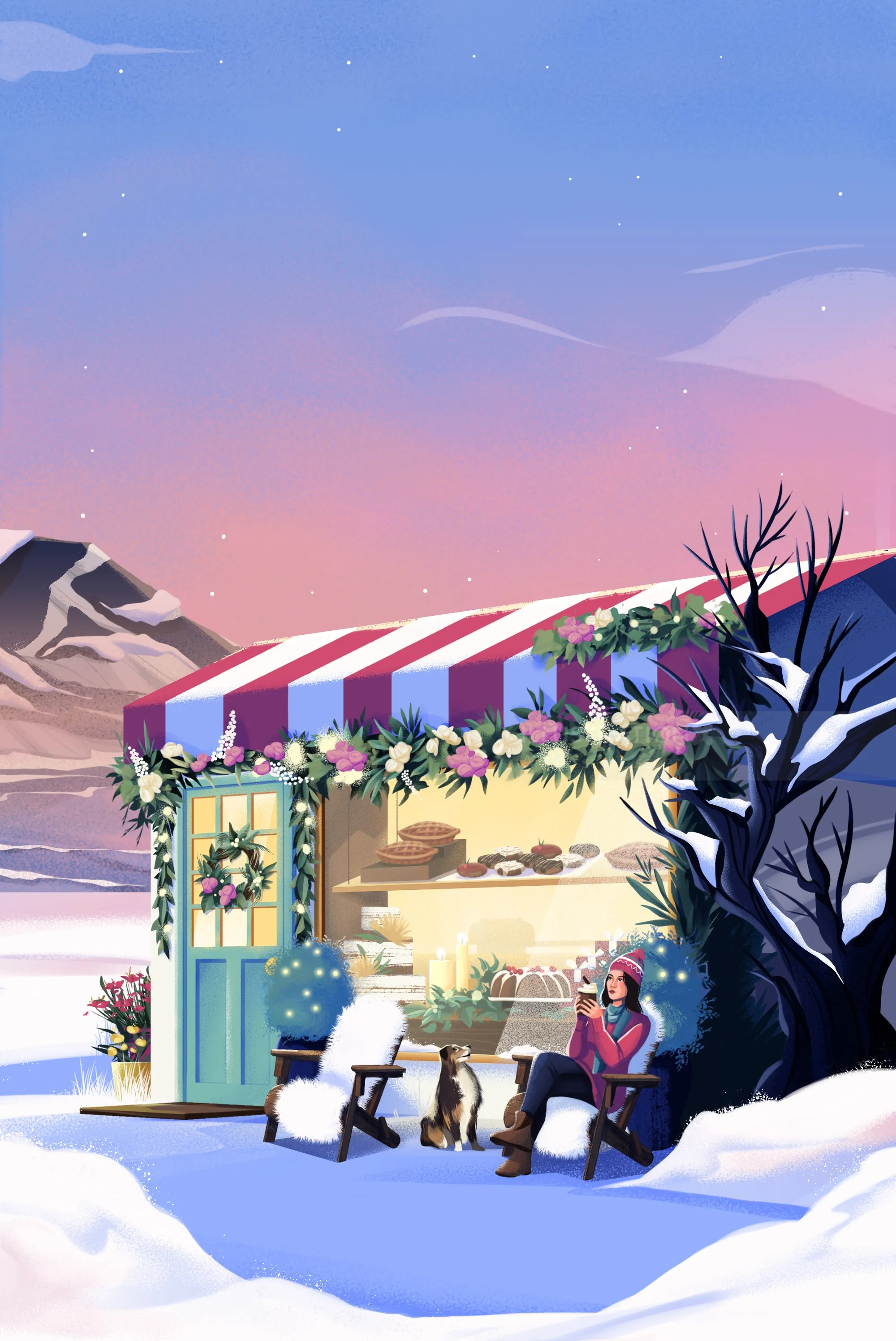 2000x2993 Winter Book Cafe with Reader and Dogs. Illustration