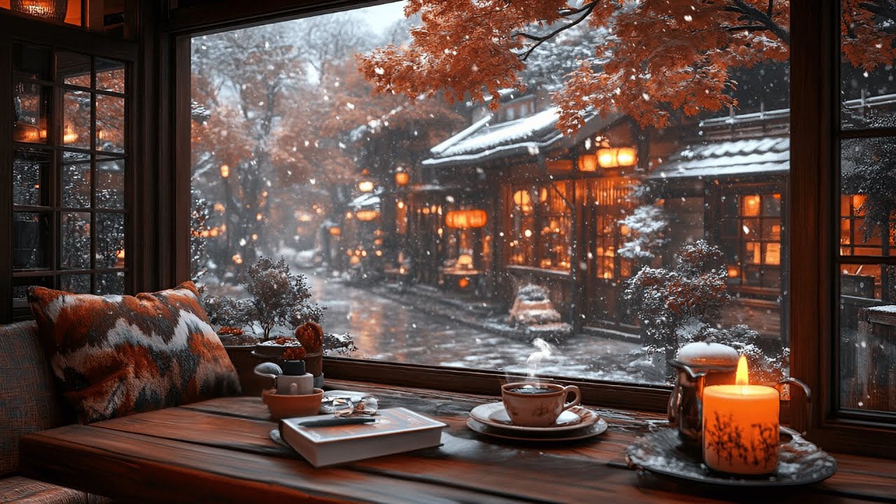 1280x720 Cozy Winter Coffee Shop Ambience with Smooth Jazz Background Music & Snowy Falling for Relax, Study