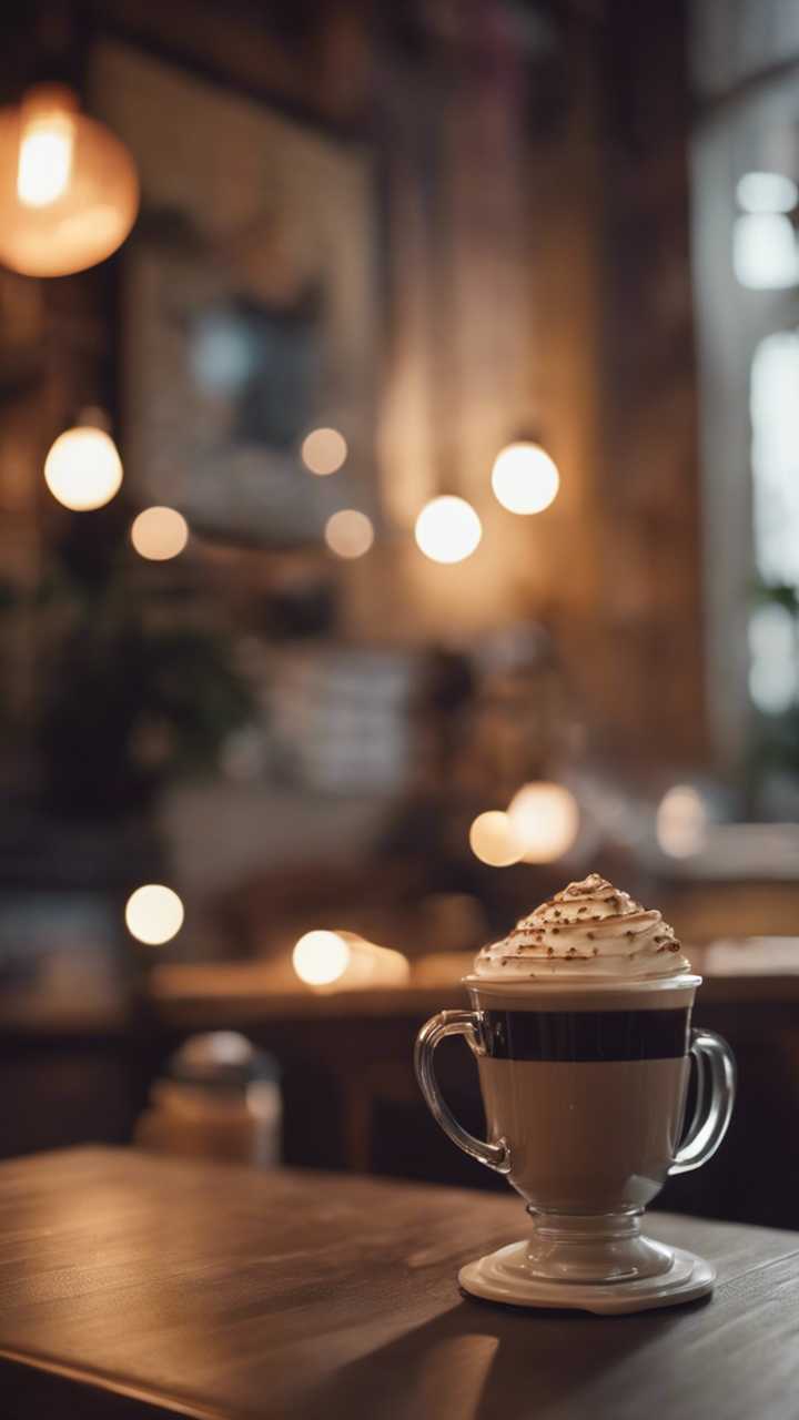 720x1280 A peaceful, quiet corner of a cozy coffee shop, complete with comfy couches, warm string lights, and steaming cups of cappuccino. Wallpaper [b4d04475803342ce826a]