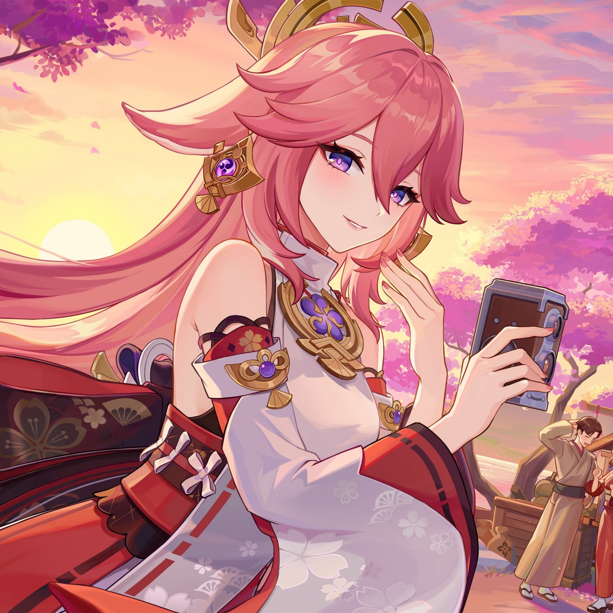 2048x2048 Yae Miko Wallpaper 4K, Genshin Impact, Pink aesthetic