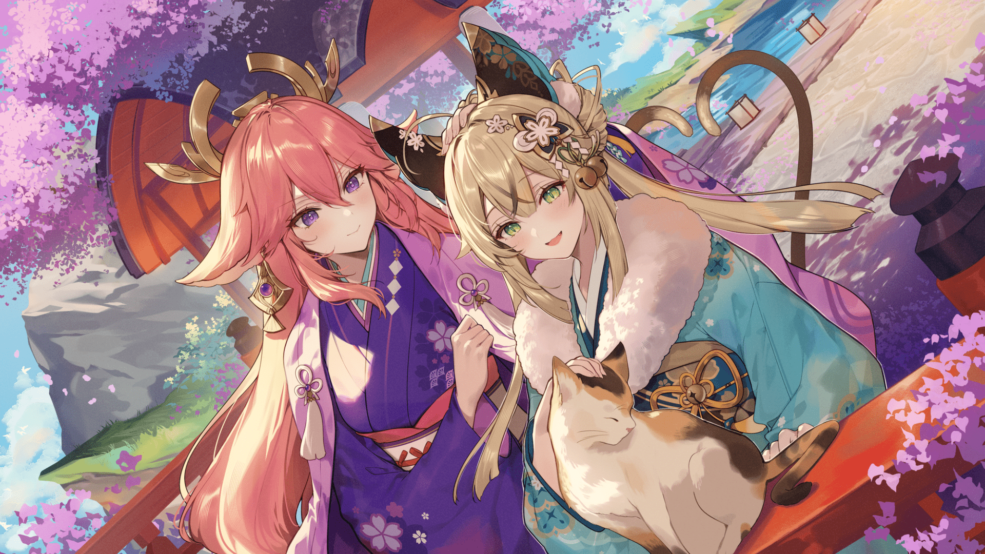 1920x1080 Genshin Impact HD: Kirara & Yae Miko Blossoms in Elegant Harmony by necömix1125