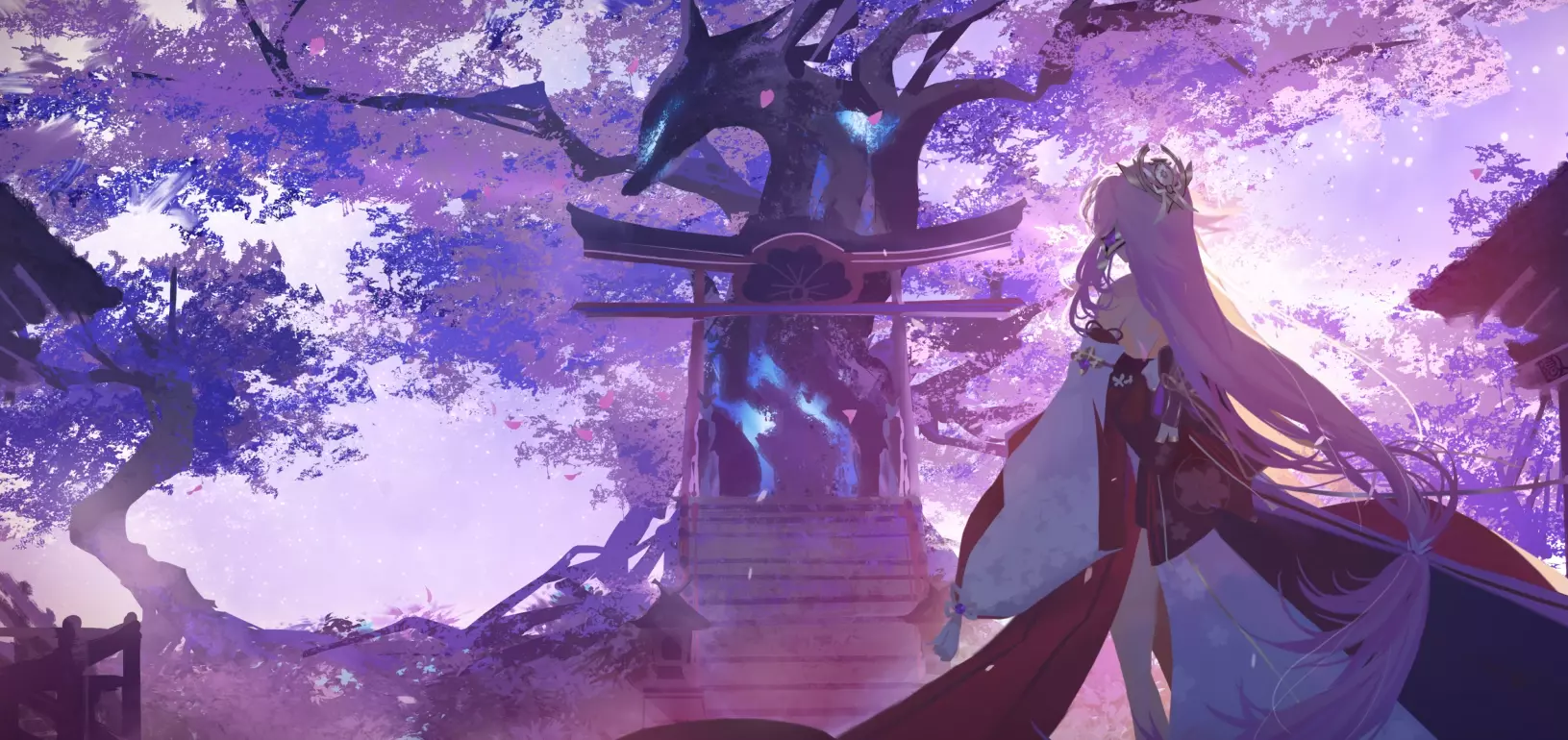 1631x770 Live wallpaper Yae Miko stands near the Genshin Impact Temple download on