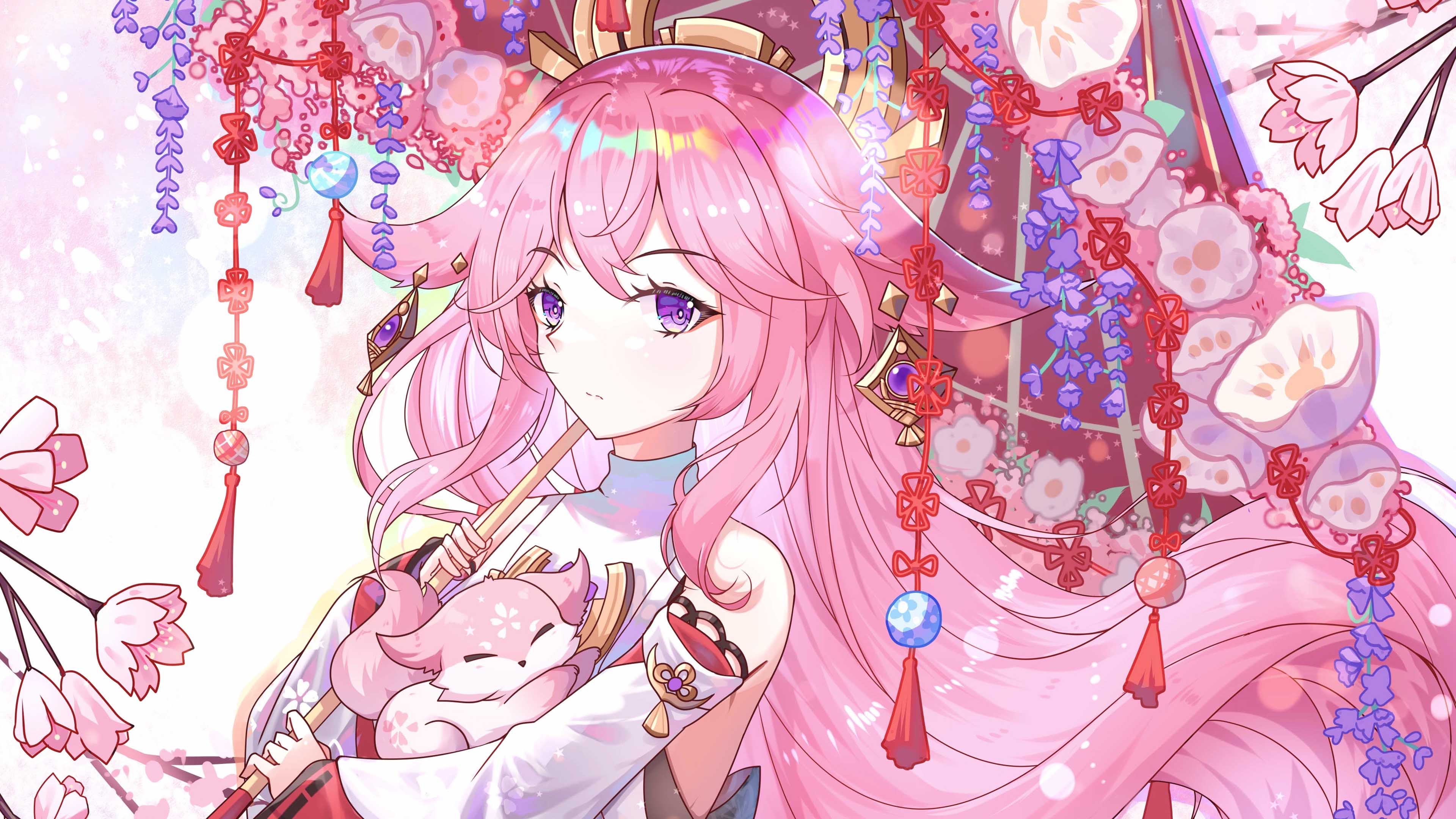 3840x2160 Purple Eyes Pink Hair Yae Miko Guuji 4K HD Genshin Impact Wallpaper