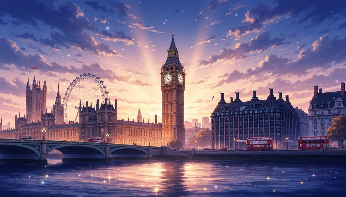 1344x768 Download London's Anime Sunset Image, Bigben, Sunset