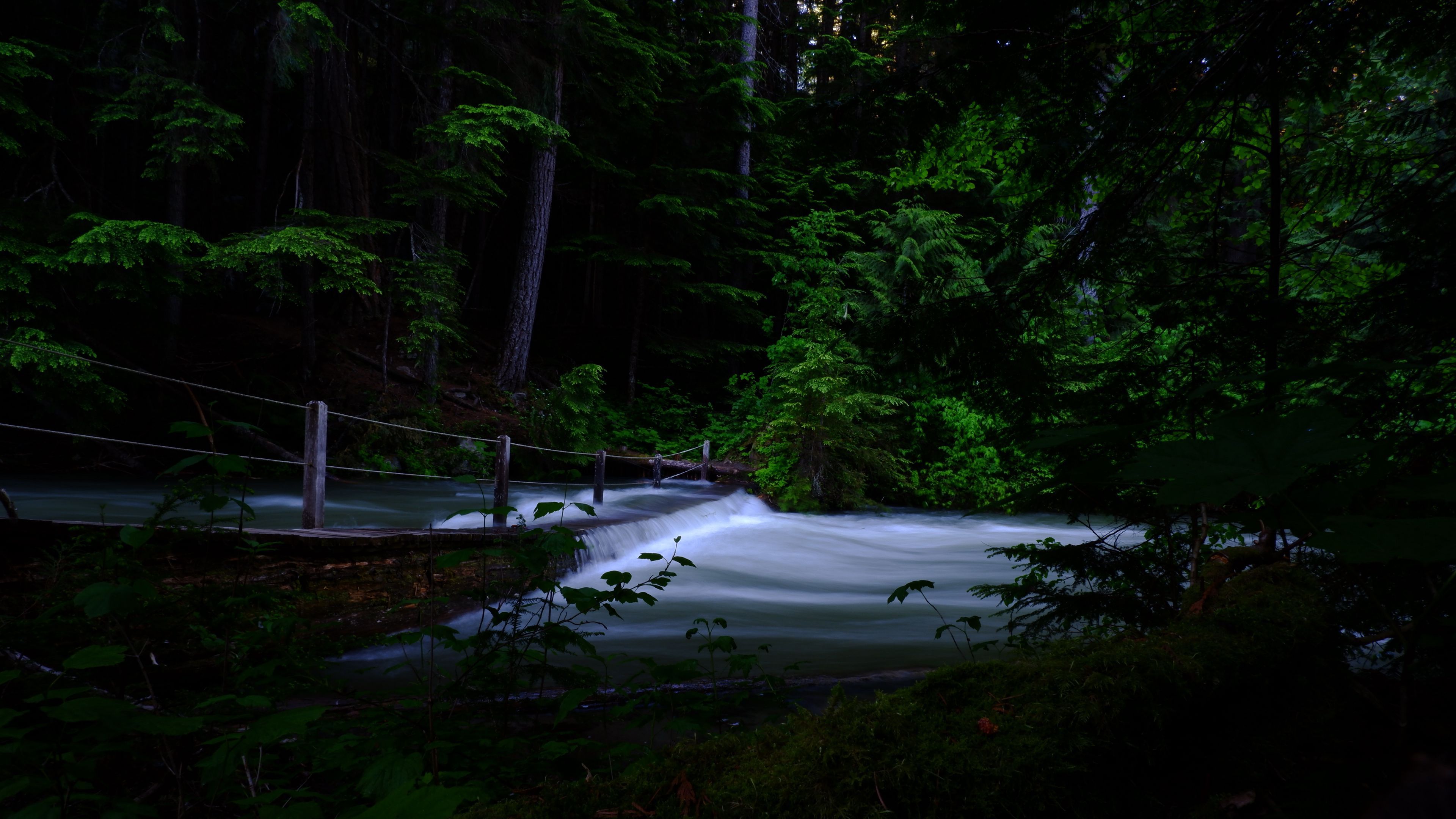 3840x2160 River, Cascade, Trees, Dark, Background, Stream, Forest, Nature 4K HD Nature Wallpaper