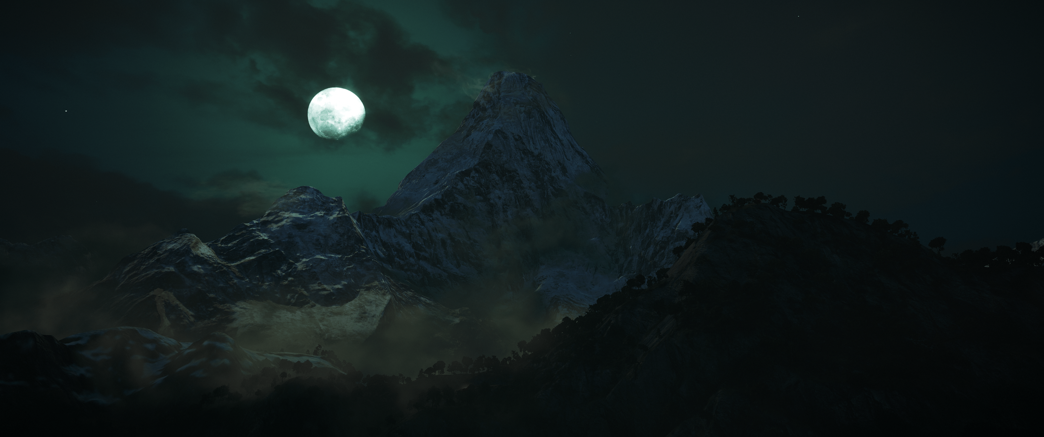 3440x1440 Night Wallpaper 4K, Moon, Mountains, Dark, Forest