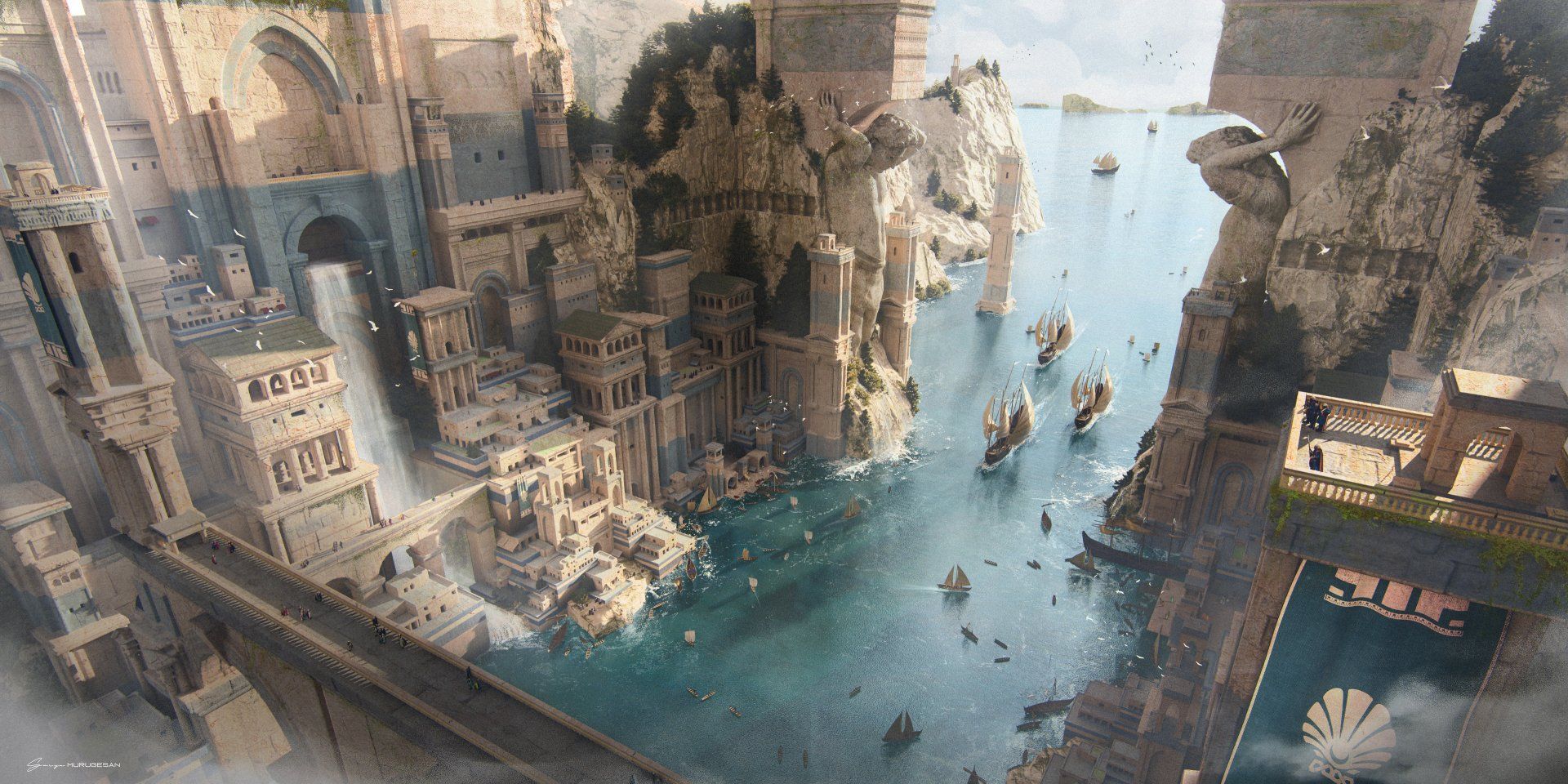 1920x960 Fantasy Harbor: A Majestic Cityscape in High Definition
