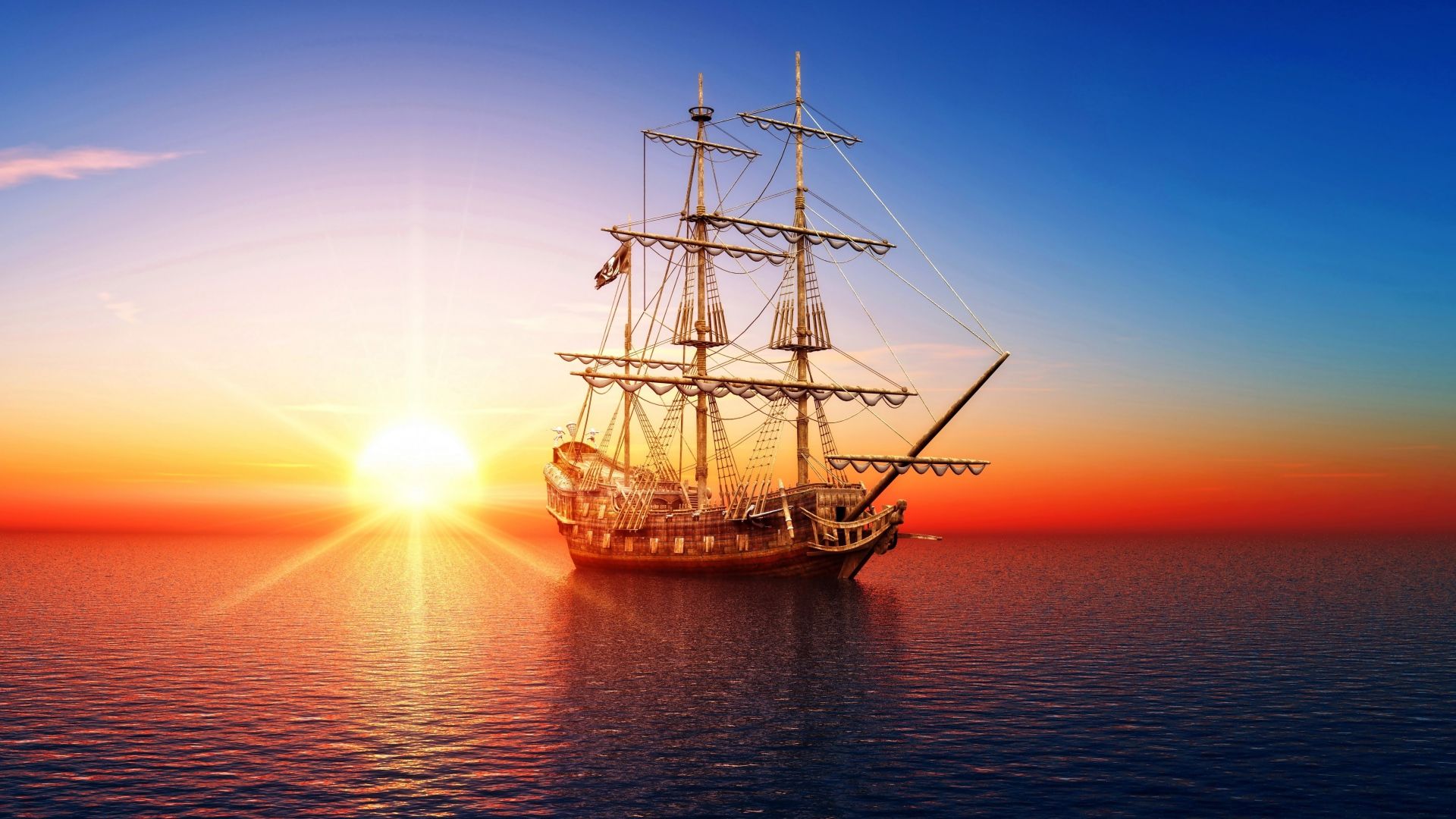 1920x1080 Big pirate ship in the sea at sunset Desktop wallpaper 1920x1080