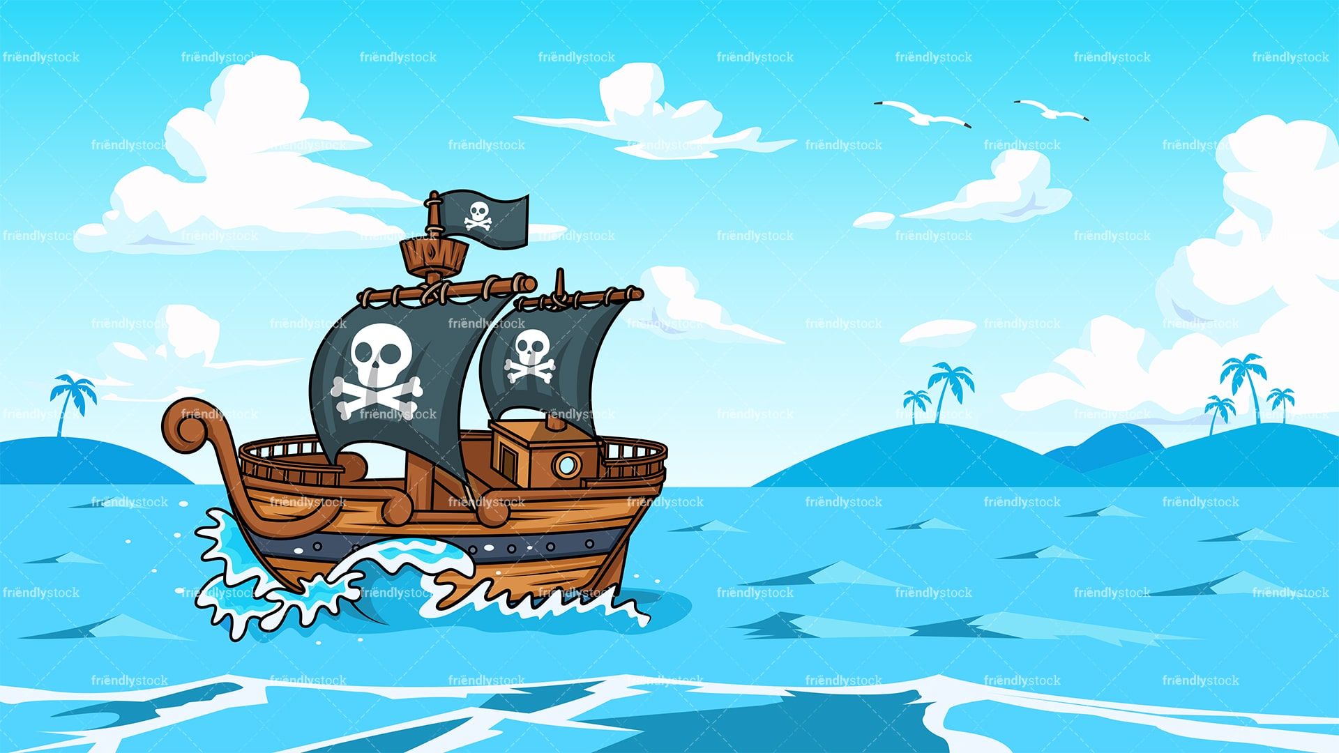 1920x1080 Pirate Ship Sailing The Ocean Background Cartoon Clipart