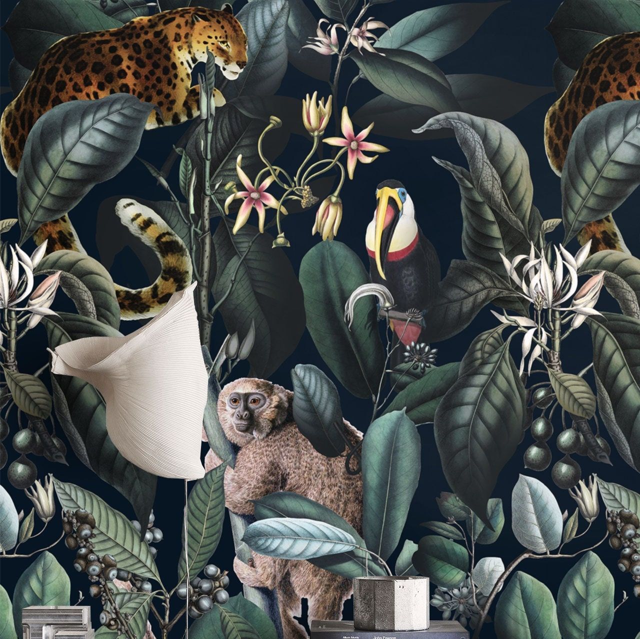 1280x1278 Dark Jungle Wallpaper, Tropical Rainforest with Jaguar and Toucan, Exotic Botanical Animal Wall Art