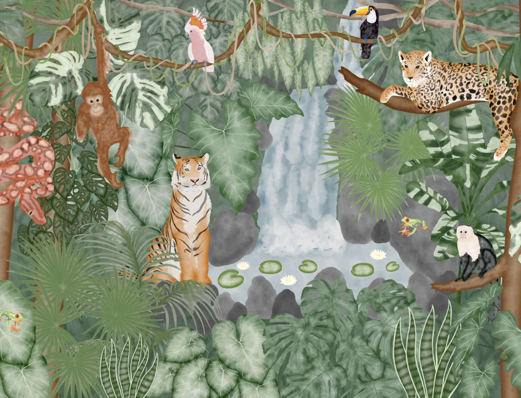 1700x1300 Watercolor Jungle Oasis Animal Wallpaper Mural