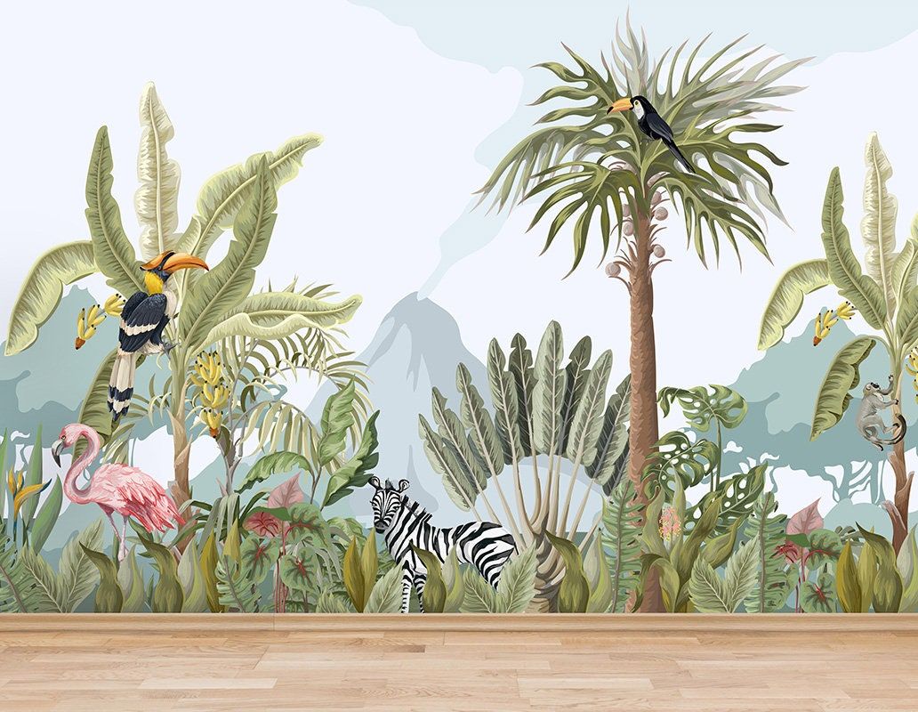 1032x800 Tropical Animals Wallpaper, Rainforest Animals Mural for Kids Room, Ju