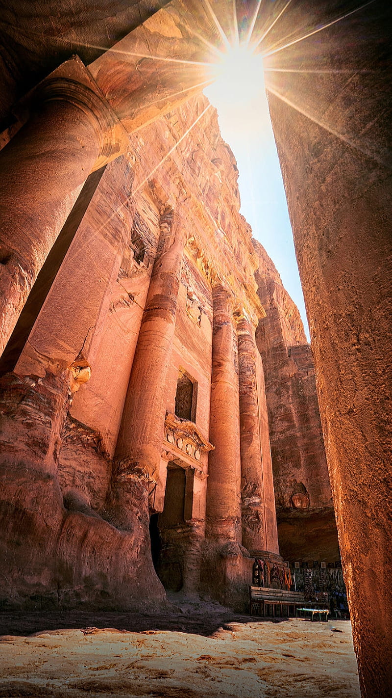 800x1422 Petra, 7 wonders, ancient, arab, canyon, history, jorden, rocks, sunrays, wonders, HD phone wallpaper
