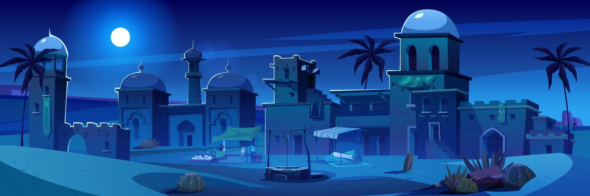 1920x640 Night ancient arab city, desert cartoon landscape