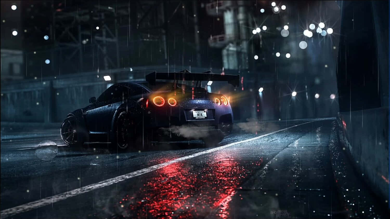 1500x844 Download Nighttime Rainy Street Race Car Wallpaper