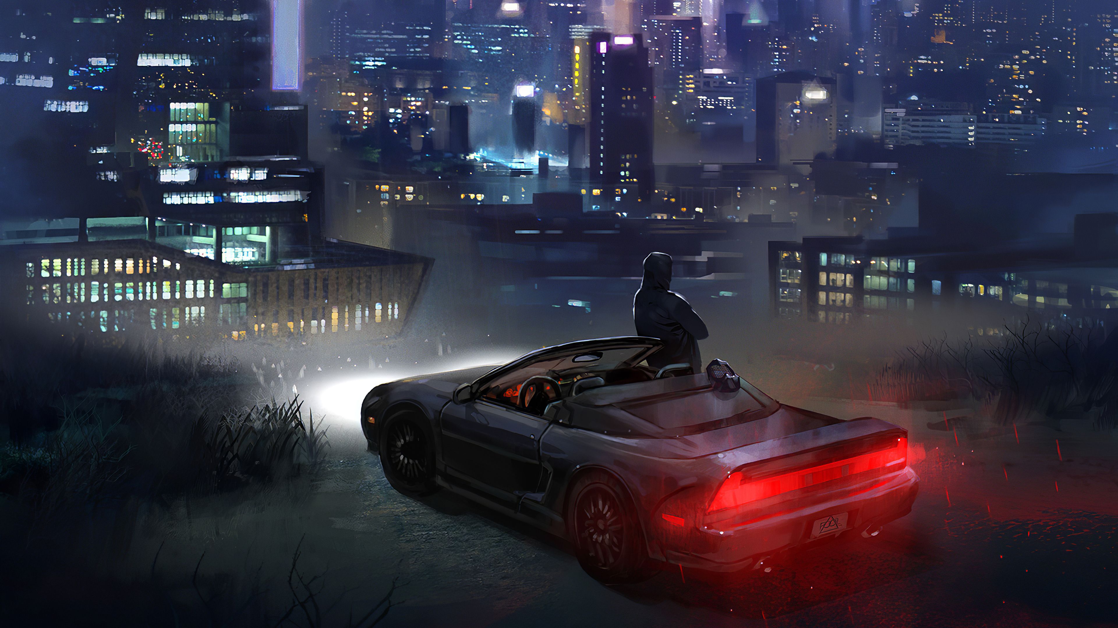3840x2160 Wallpaper Man in Black Jacket Sitting on Black Convertible Car During Night Time, Background Free Image