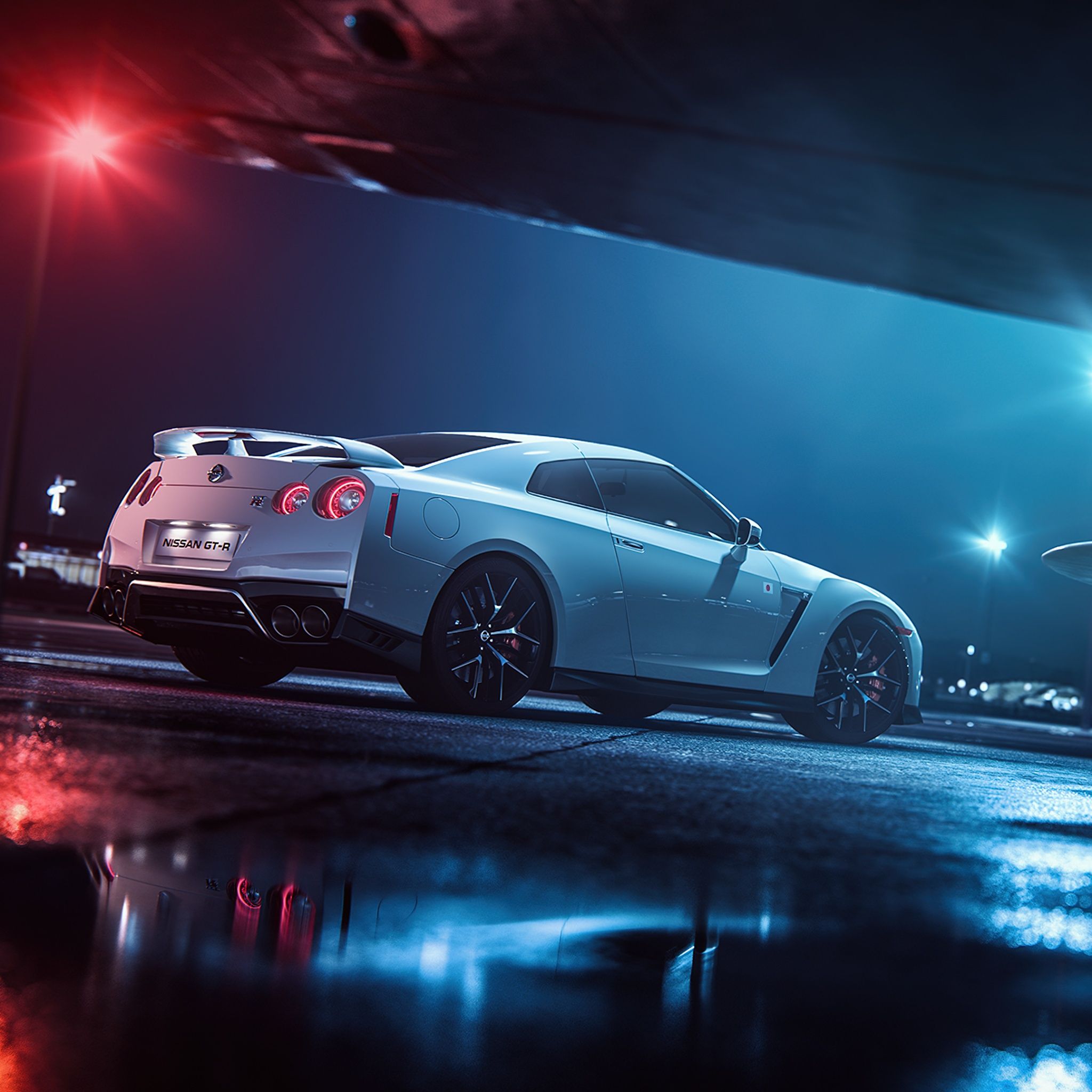 2048x2048 Nissan GT R R35 Wallpaper 4K, Night, Lights, Aircraft, Hanger