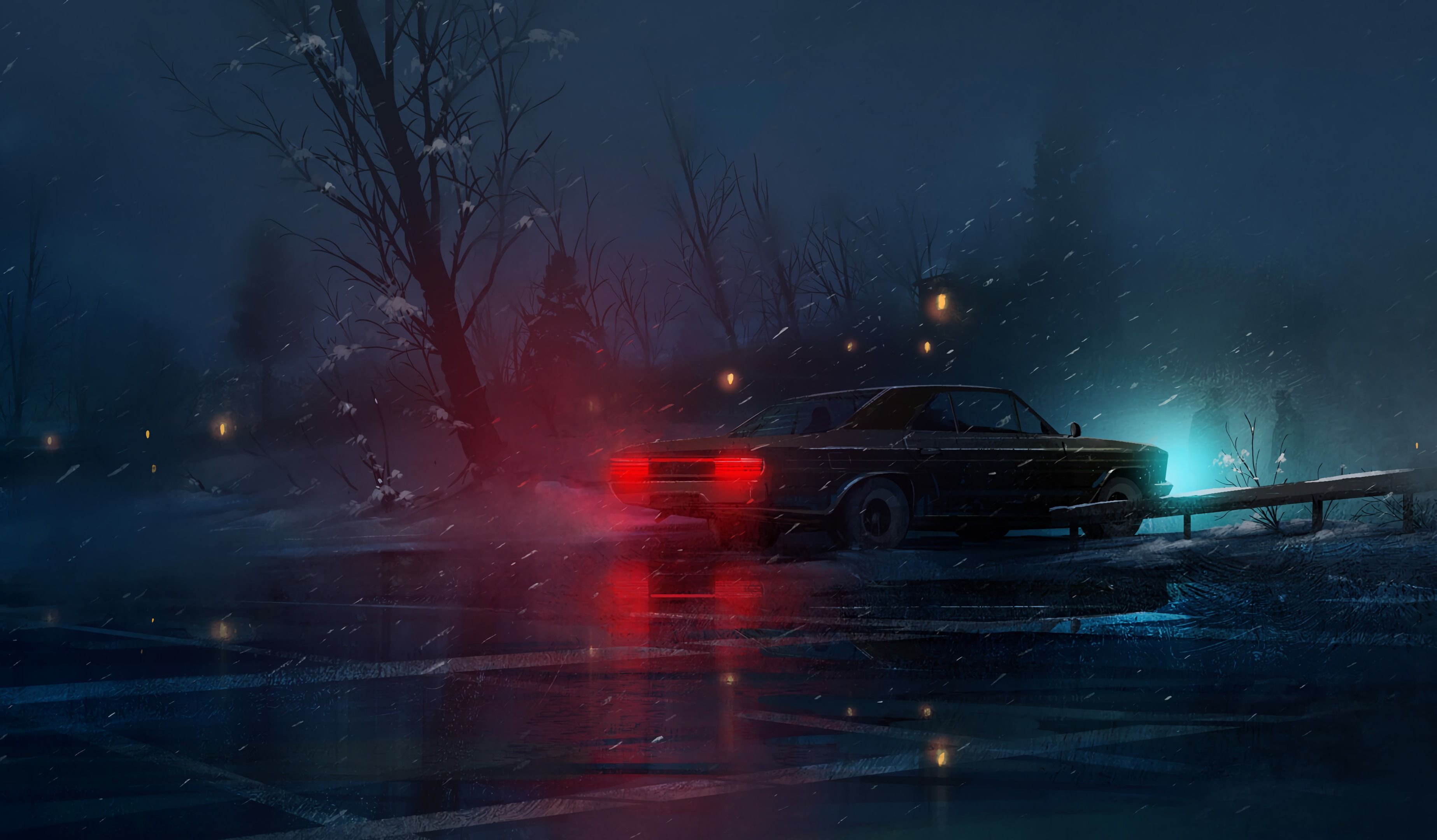 3694x2160 Wallpaper Black Car on Road During Night Time, Background Free Image