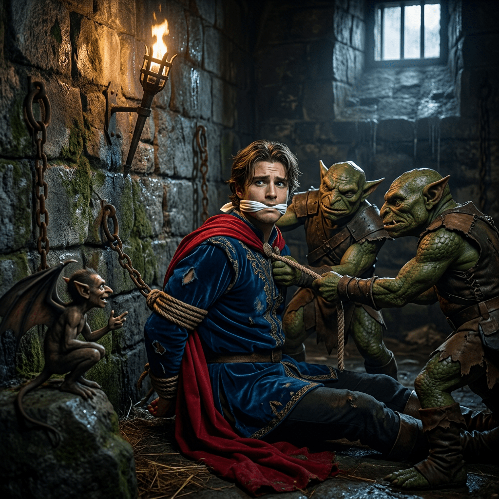 1024x1024 Captured Prince Phillip By Maleficent's Goons In Dark Dungeon. AI Art Generator. Easy Peasy.AI