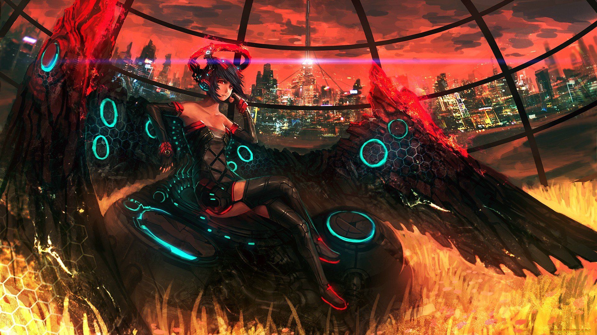 1920x1080 Vivid Anime HD Wallpaper: Celestial Guardian in a Futuristic Realmx1080
