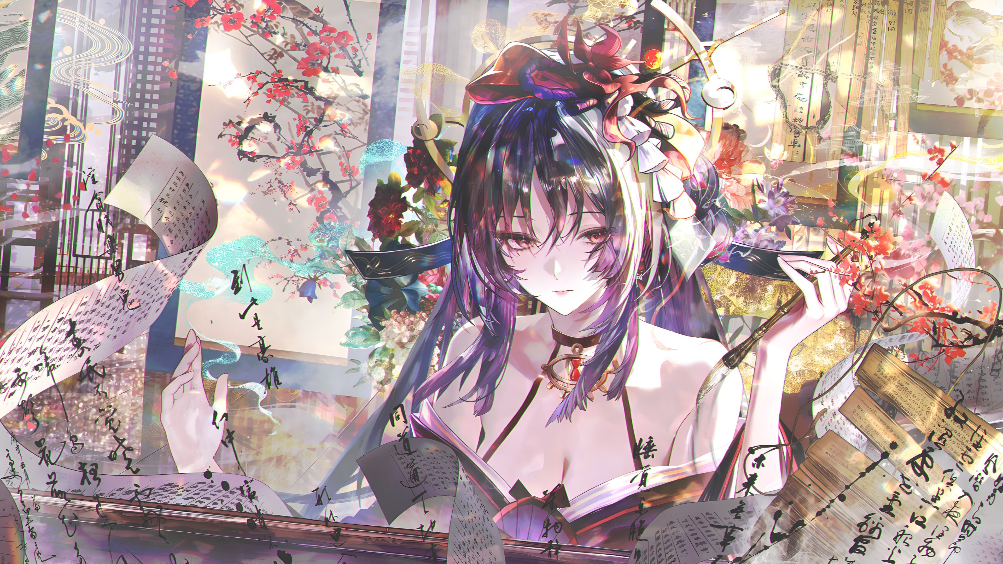 3840x2160 Mystic Anime Girl Calligraphy Garden 4K Wallpaperx2160
