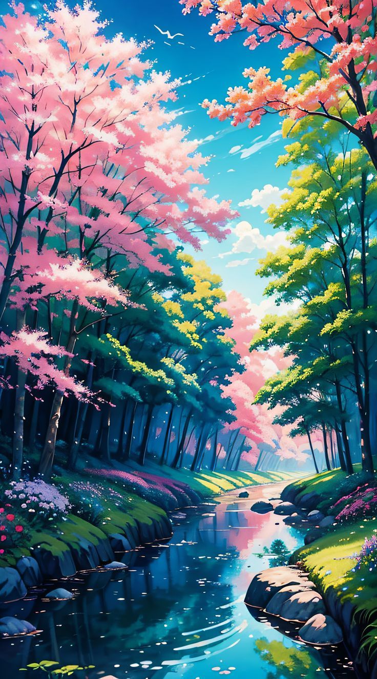 736x1326 Wallpaper Anime Inspired Landscape: A Vivid Gouache Painting Of Colorful Trees And Flowers