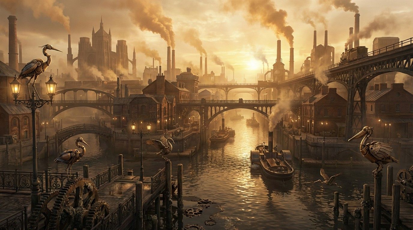 1376x768 Download Clockwork Canal City Image, Victorian, Industrial