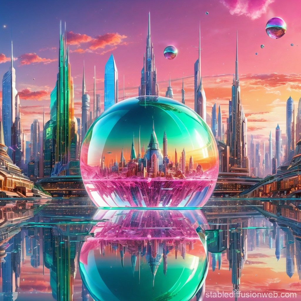 1024x1024 a mechanical planet reflected in crystal appearing in the sky of glass made mechanical city filled with many kinds of various spires Prompts. Stable Diffusion Online