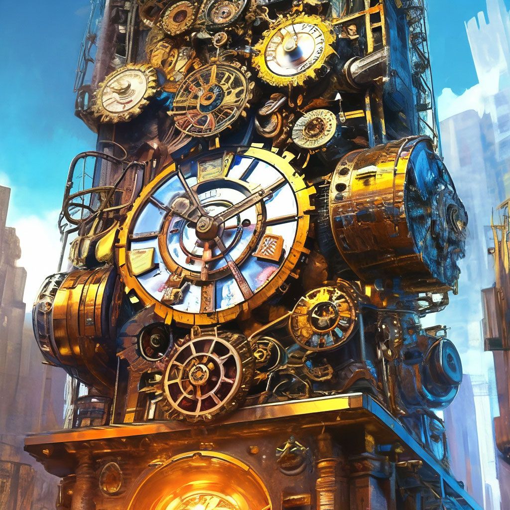 1024x1024 Mechanical clock with gears on the main building of the city steampunk style