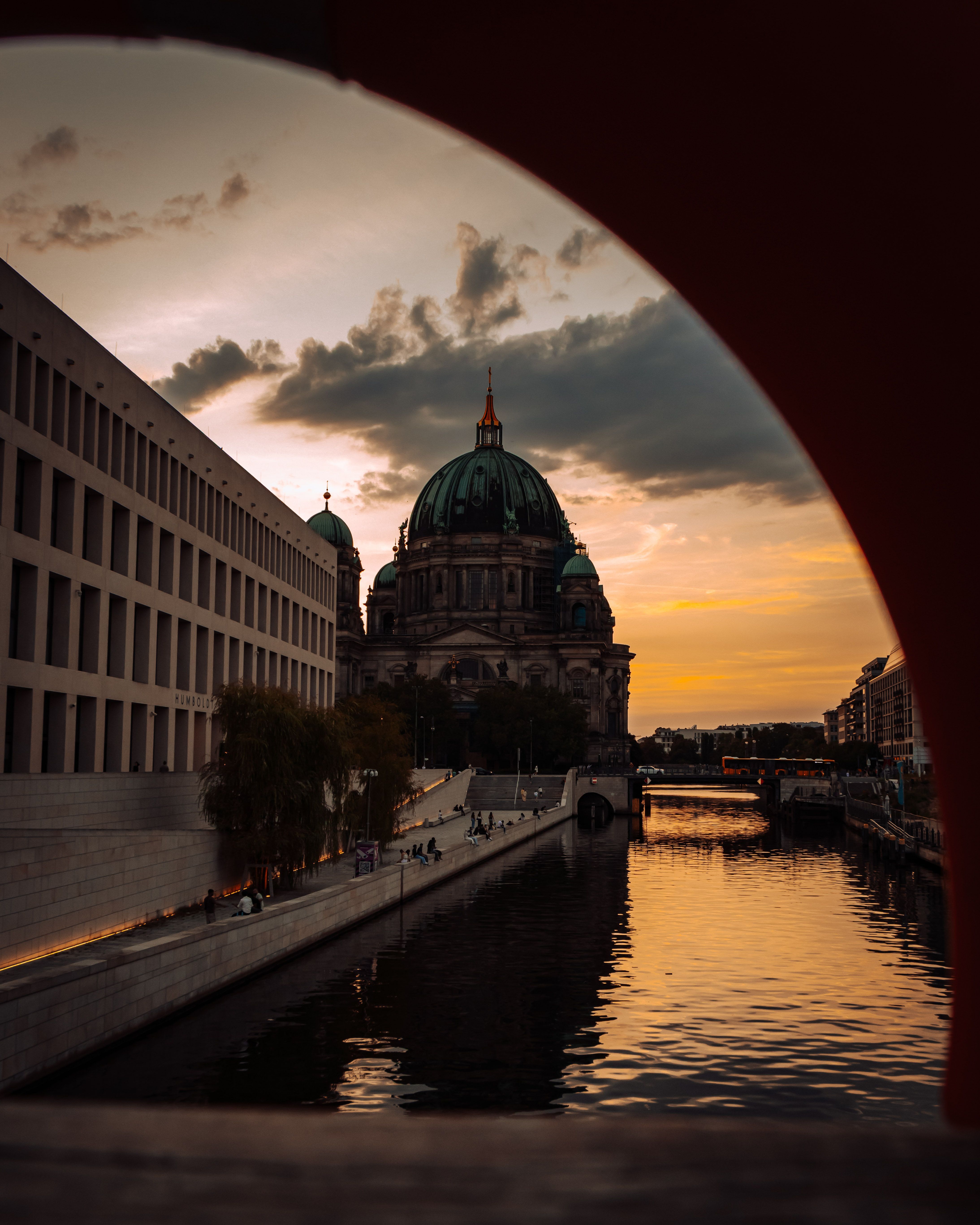 4374x5467 Berlin Cathedral and its Reflection in Puddle Under the Promende Railing by the Spree River · Free