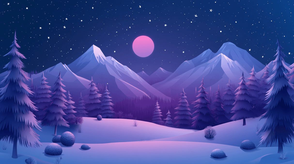 1214x680 Mountain Mural Wallpaper. Starry Night with Pink Moon
