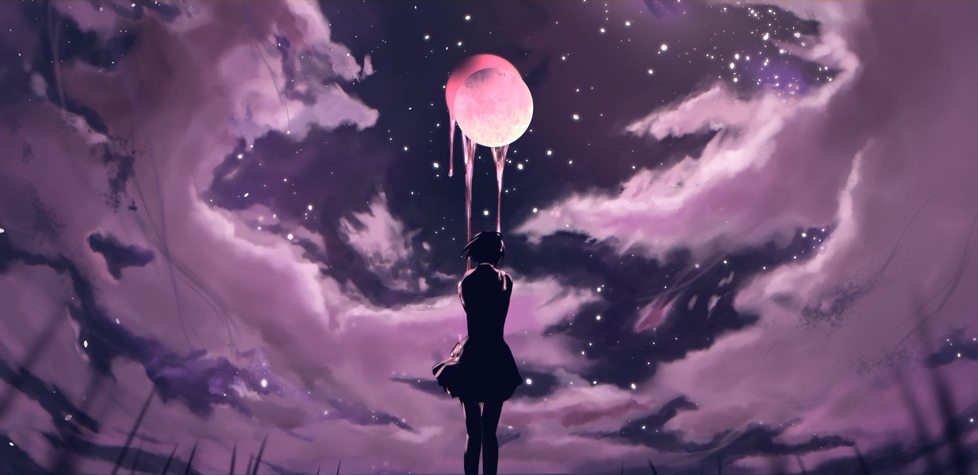 1920x932 Dreamy Pink Sky: Anime Girl Reaches for the Stars by まろトリx1986