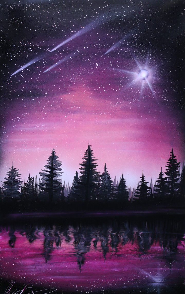 720x1142 Night Sky Painting with Stars and Trees Reflected in Water. Night sky wallpaper, Scenery paintings, Painting inspiration