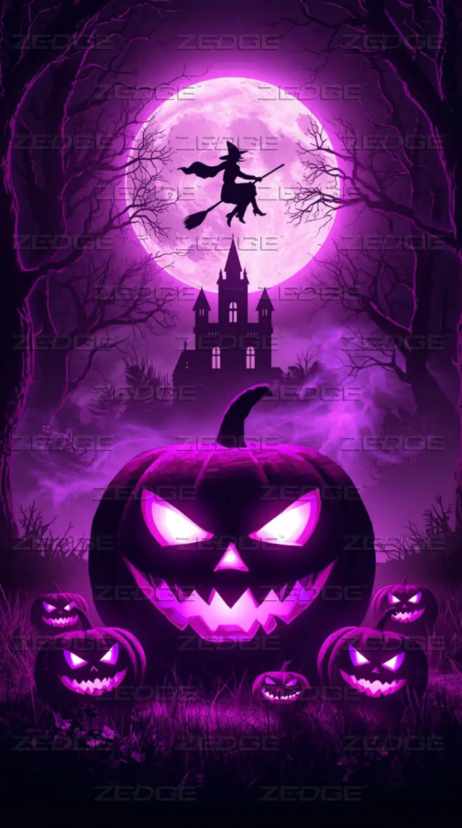 673x1206 Purple Halloween castle with pumpkins and moon wallpaper by Prabu Madus Design