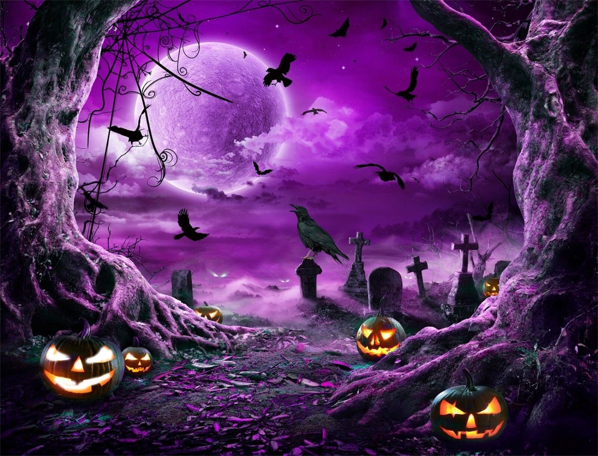 1200x917 10x8ft Purple Full Moon Cemetery Bat Halloween Photo Background Studio Props