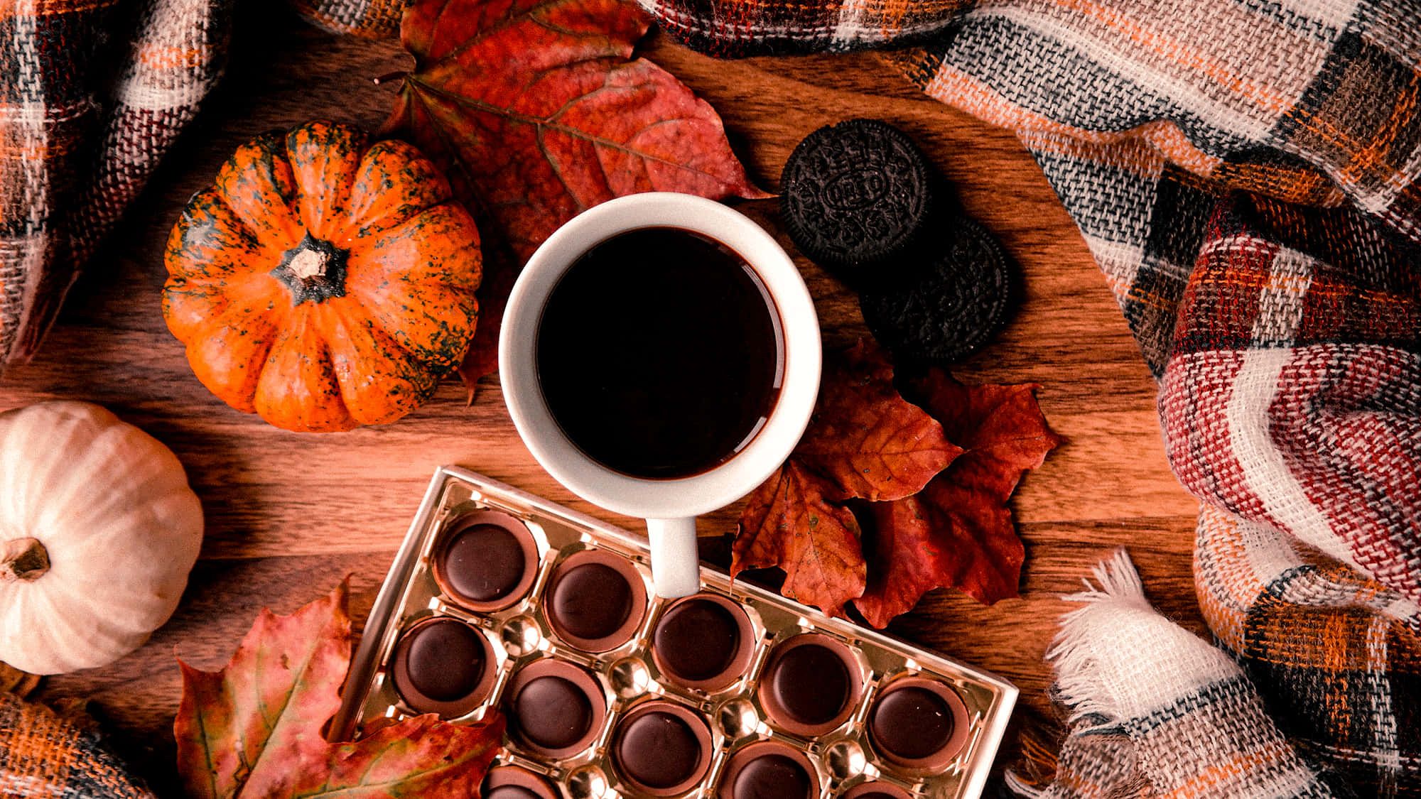 2000x1125 Download Cozy Hot Chocolate Autumn Harvest Aesthetic Wallpaper