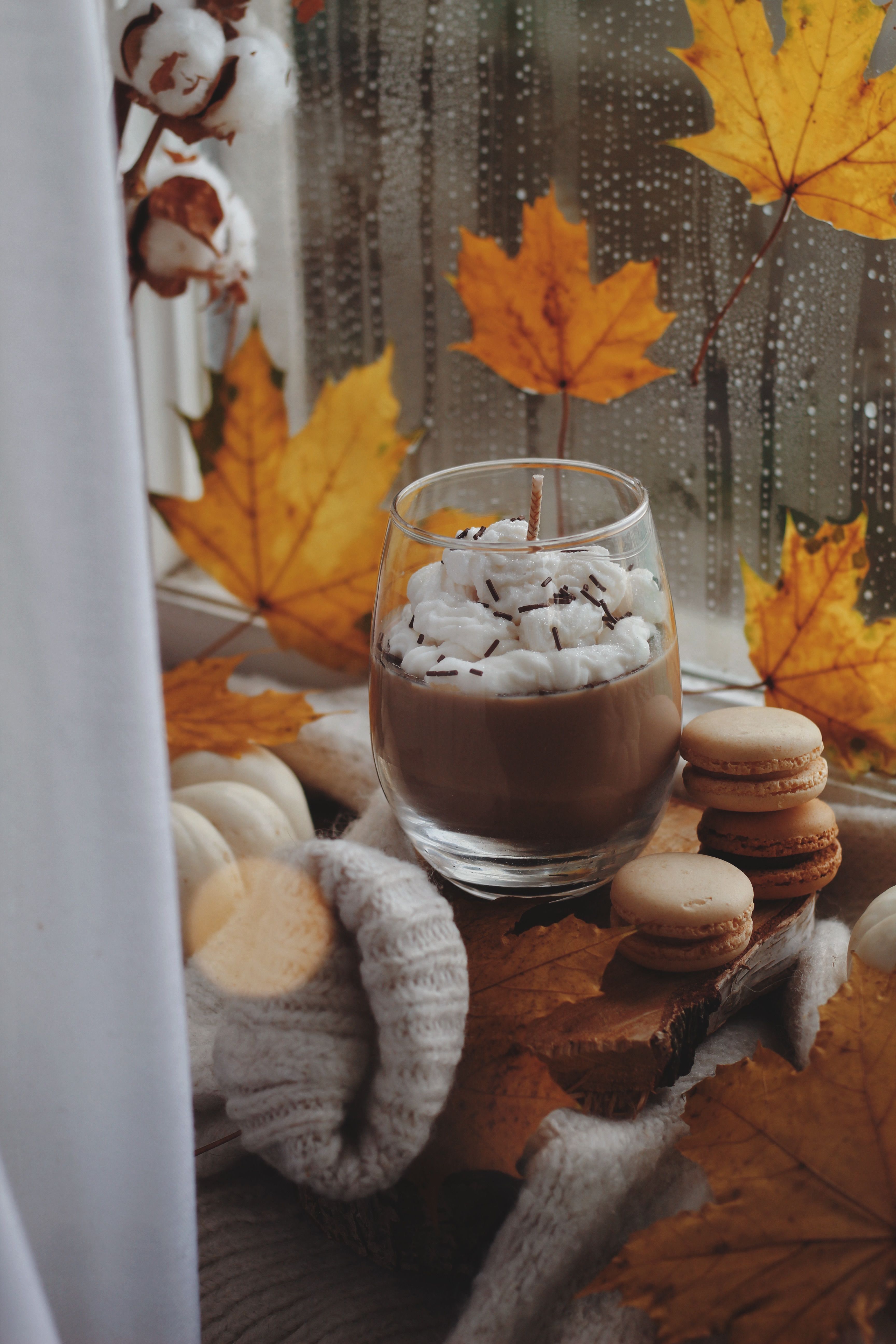3456x5184 Candle in Shape of Hot Chocolate Glass on Windowsill with Autumn Leaves and Macaroons · Free