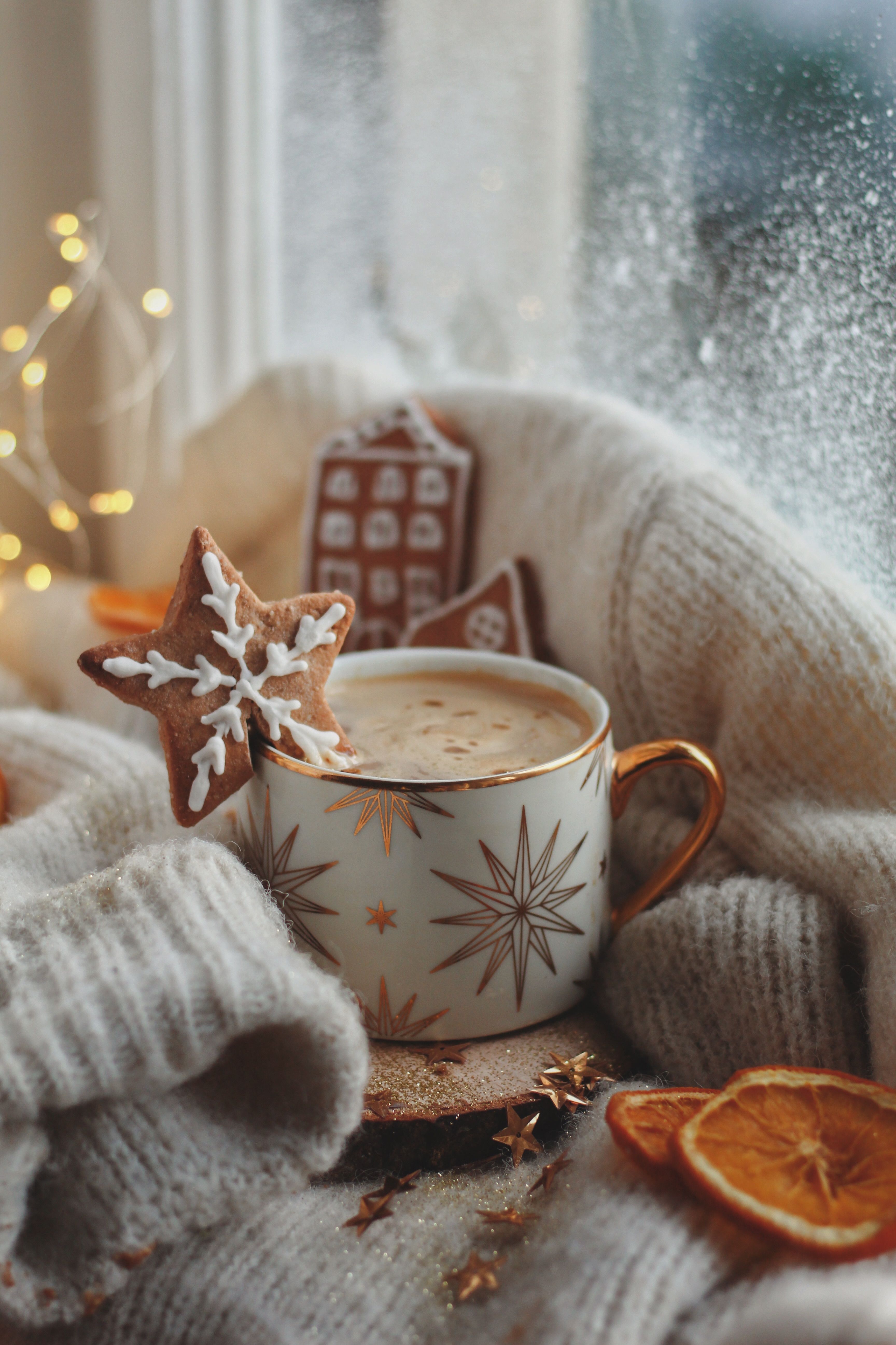 3456x5184 Cup of Hot Chocolate and Christmas Cookies on a Window Sill · Free