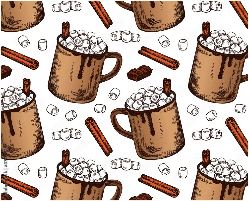 1000x808 Sketch Drawing Colorful Pattern Of Hot Cocoa With Marshmallows And Cinnamon Isolated On White Background. Line Art Hand Drawn Hot Chocolate Wallpaper. Christmas Menu, Winter Drink. Vector Illustration Stock Vektor