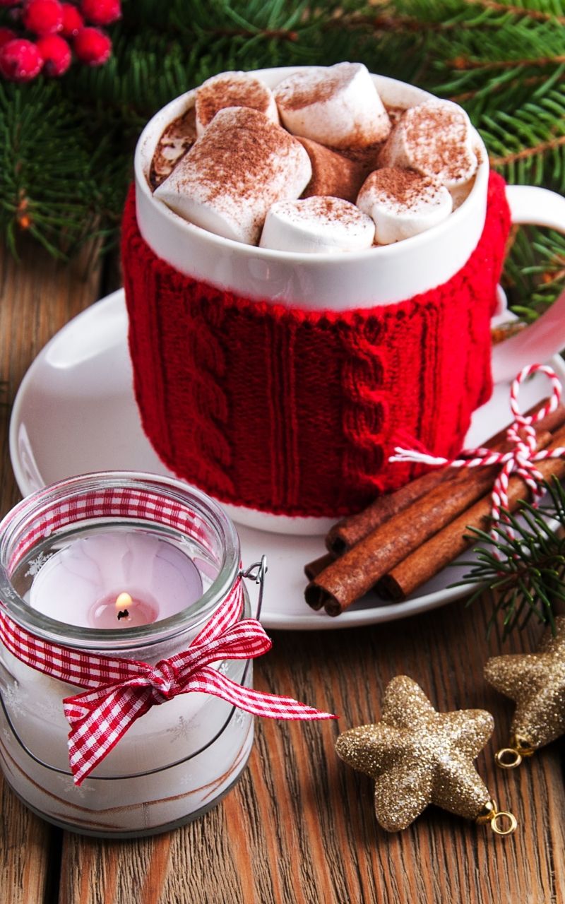 800x1280 Phone wallpaper: Food, Hot Chocolate, Candle, Marshmallow, Christmas, Cinnamon, Cup 1352257