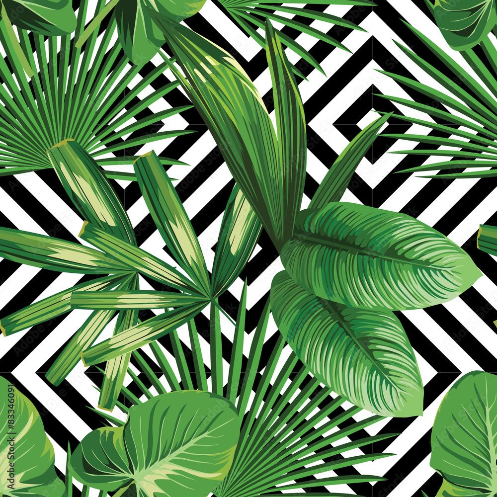 1000x1000 tropical palm leaves pattern, geometric background wall mural wallpaper
