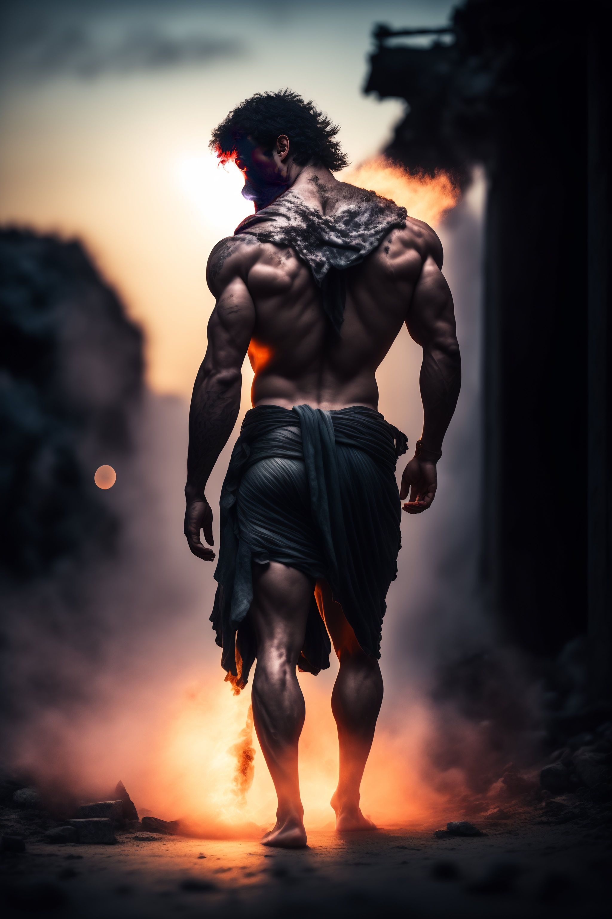2048x3072 Lexica angle environmental full body shot of a greek god in a dangerous war at night, action shot, tattered torn shirt, porcelain cracked skin